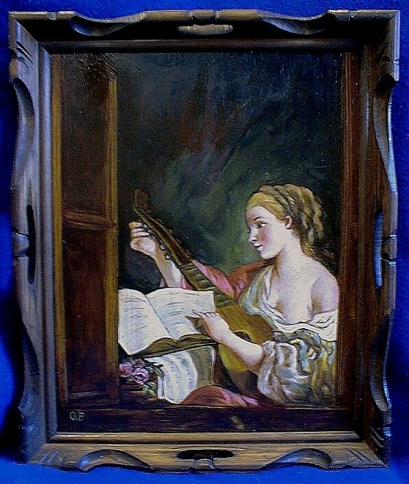 OIL PAINTING PAIR 2 HE LONGS FOR HER LUTE TROMPE lOEIL  