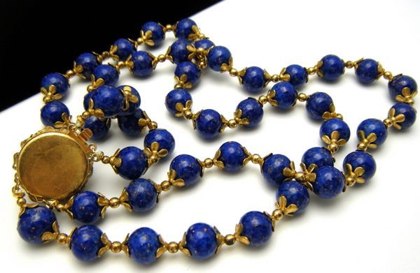 Fabulous Vintage Necklace Lapis Glass Bead Rivoli Clasp  