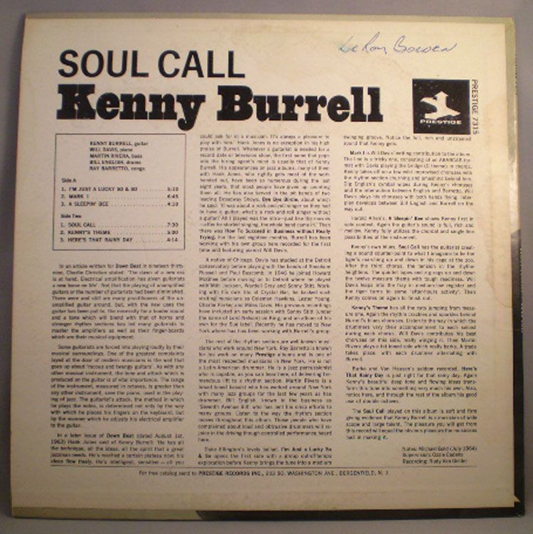 ARTIST/TITLE KENNY BURRELL * SOUL CALL LABEL PRESTIGE CATALOG PR 