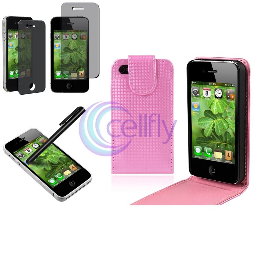 Pink Leather Pouch Cover+Pen+Privacy Pro For iPhone 4 s 4s 4G 4th 