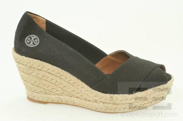 Tory Burch Black Canvas Espadrille Wedges Size 6  