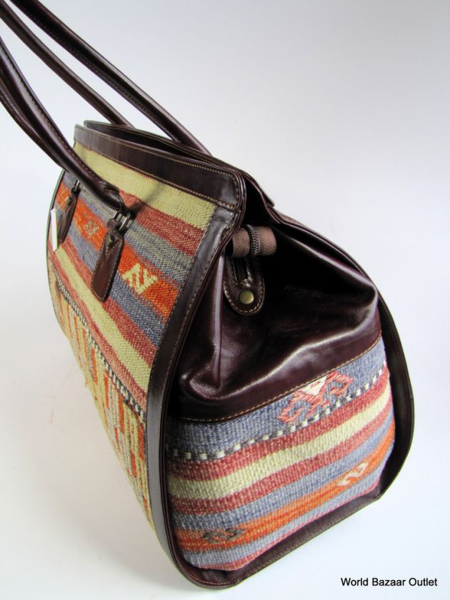 Large Travel Bag Leather Kilim handmade Turkey 19588  