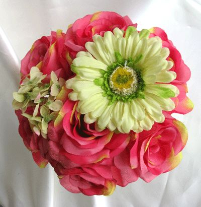 Wedding Bouquet Cascade Bride PINK YELLOW GREEN DAISY 17pc silk 