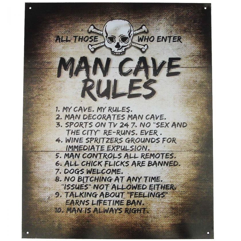 bar garage MAN CAVE RULES tin sign SKULL AND CROSSBONES  