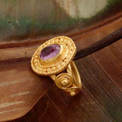 DESIGNER ANCIENT ROMAN STYLE 24K SOLID YELLOW GOLD AMETHYST RING BY 