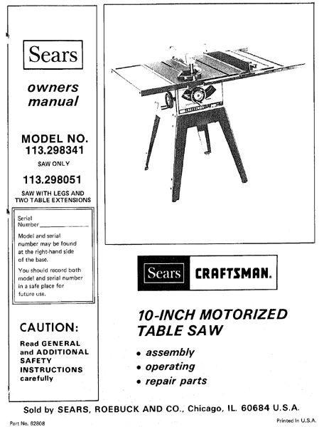  Craftsman Table Saw Owners Manual Many Models Av.  