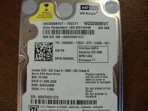    75ZCT1 (See list for DCMs) 320gb 2.5 Sata HDD 0007156632130  