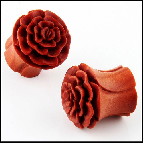 Pair ROSEBUD Organic Wood Flower Solid EAR PLUGS GAUGES  