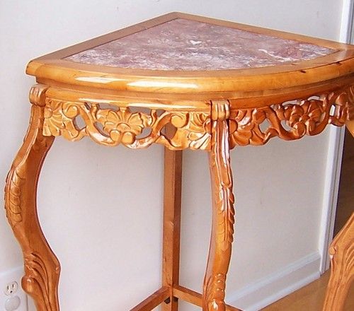 PAIR (2) Oak Wood Marble Top Corner Plant Stands Tables  