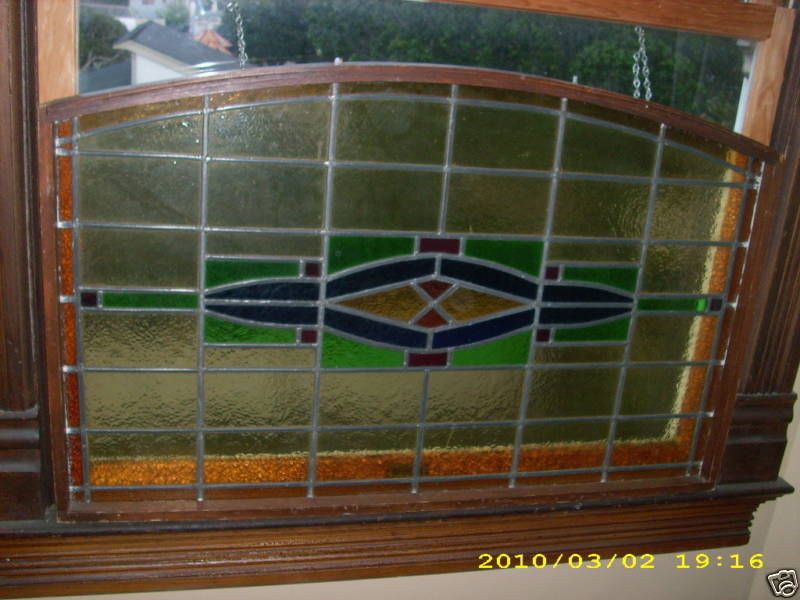 LARGE ANTIQUE STAINED GLASS WINDOW WOOD CASING ARCHED  