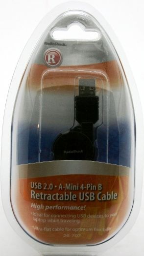 Radio Shack USB 2.0 A Mini 4 Pin B Retractable PC Cable  