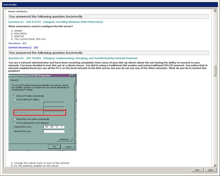 Screenshot Exam Blaster exam results page and explanation of 