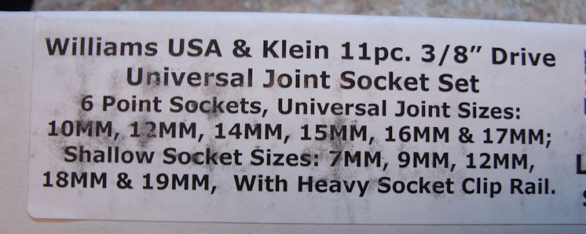 Williams USA & Klein Socket Set 3/8 6 point UJ Metric  