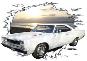 1968 White Plymouth Road Runner Custom Hot Rod Sun Set T Shirt 68 