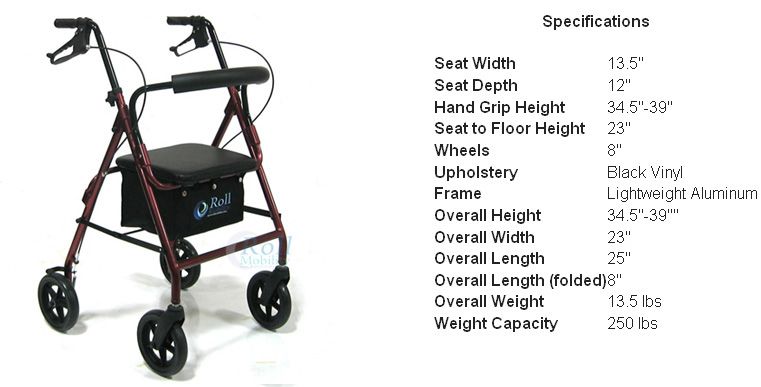 Roll Mobility Lightweight 4 Wheel Rollator Walker 1H  