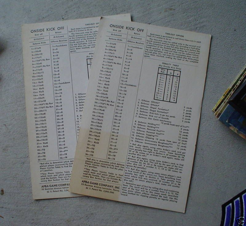 Lot of 2 Vintage 1960s APBA Football Game Cards LOOK  