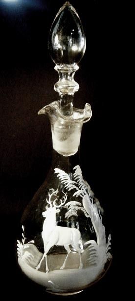 MARY GREGORY STYLE DECANTER WITH STAG IN FOREST  
