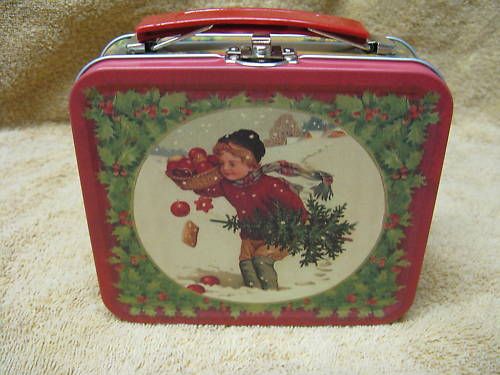 Vintage Look Holiday Lunch Box Christmas Tin Opens Red  