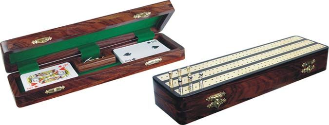 Unique Rosewood Cribbage Board & Box   Brass inlaid  