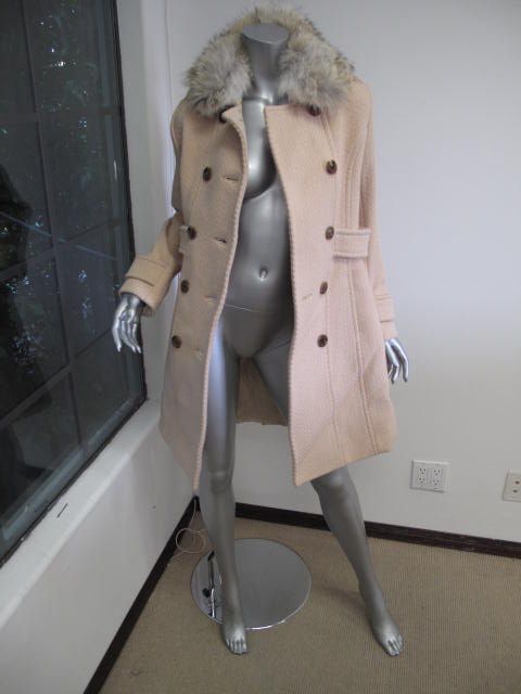 Andrew Marc Beige Woven Double Breasted Faux Fur Collar Long Coat 4 