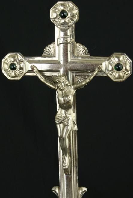NICE VINTAGE FRENCH STANDING CROSS CRUCIFIX GREEN GLASS  