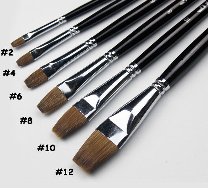 6PCS Set High Grade Flat Paint Brush Artist Aluminium Ferrules Weasel 