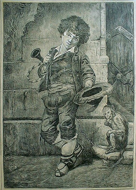 SUPERB PORTRAIT DRAWING c1840 GYPSY BEGGER BOY MONKEY  