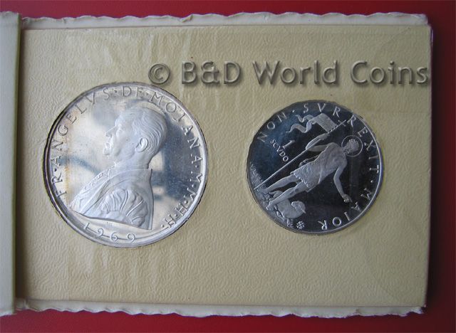 MALTA 1969 2 COINS 1.14oz SILVER SET 1 SCUDO + 2 SCUDI PROOF MOJANA 