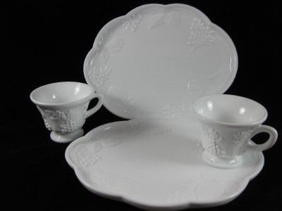 Set of 2 Indiana Milk Glass Sandwich Snack Trays & Cups. Harvest Grape 