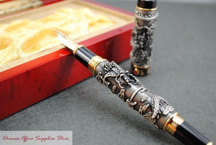 JINHAO Black Two Chinese Dragons Fountain Pen M Nib  