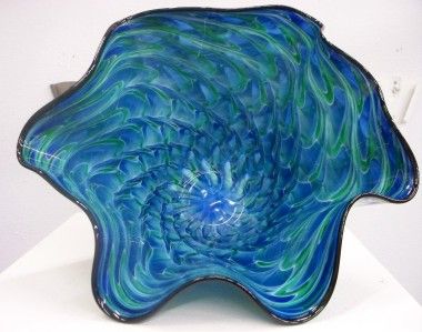 HAND BLOWN GLASS ART BOWL VASE BLUE GREEN #2224 ONEIL  