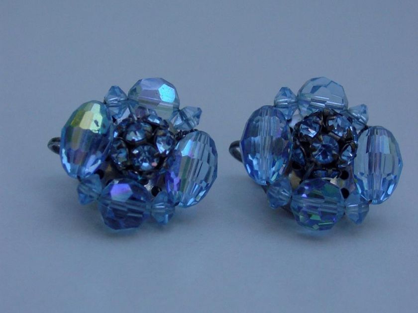   Crystal AB Aurora Borealis and Rhinestones Clip Earrings Light Blue
