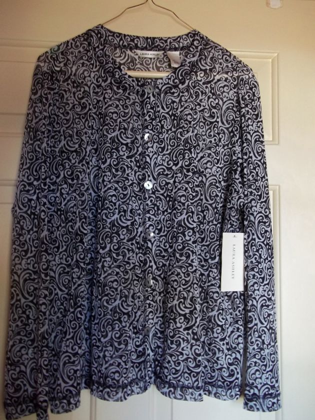 LAURA ASHLEY black & white swirly print 100% nylon button top NWT WL 