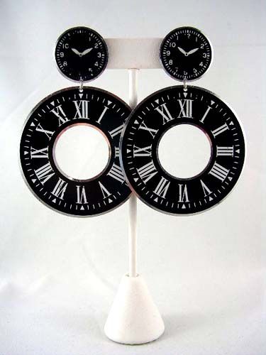 FUNKY Vtg RUNWAY FASHION CLOCK Earrings HUGE  