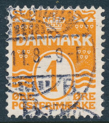 Denmark Scott 57 VAR/AFA 44v, 1ø Wavy Lines F used, Plate Flaw  