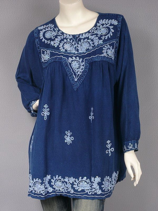 Blue Renaissance Embroidered Blouse Top Tunic L  