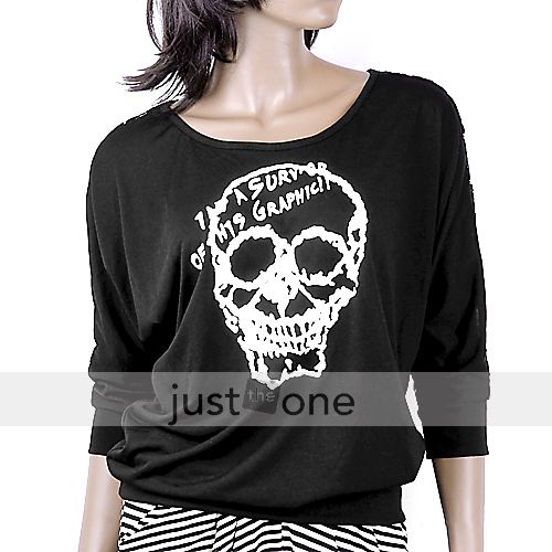 Sexy Lace Cool Skull Loose Bat Short Sleeve T Shirt BLK  