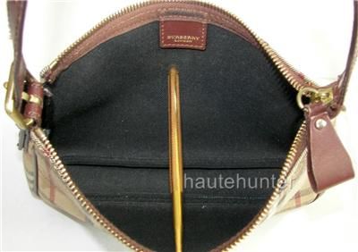 BURBERRY Haymarket Check Chocolate Leather Pochette Zip top Shoulder 