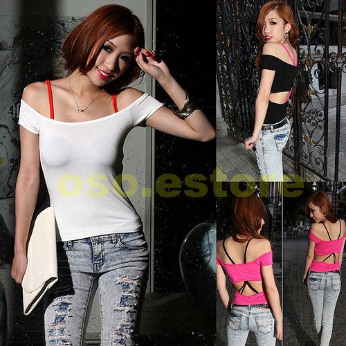   Off Shoulder Short Sleeve Backless Spaghetti Strap T shirt Tops #1570