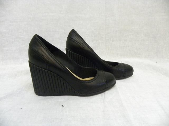 CHANEL Black Leather Rubber Wedges Shoes 37.5/6.5  