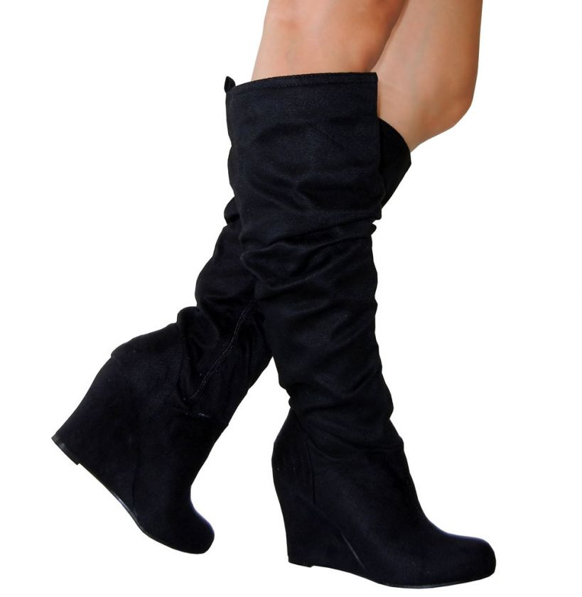 Trendy Chic Slouchy Suede Knee High Wedge Boots Black All Size  