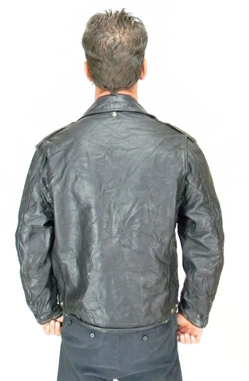   WORN Jet Black LEATHER Biker MOTORCYCLE Coat JACKET Size Med 42  