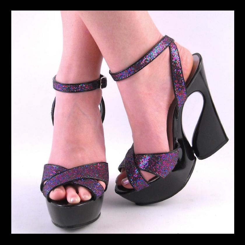 NEW WOMENS PURPLE GLITTER PLATFORM SANDAL ANKLE STRAP AND ABSTRACT 