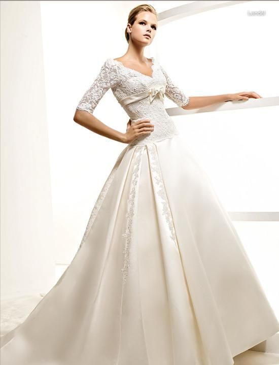 ivory lace&satin embroidery half sleeve wedding bridal dress gown Sz 6 