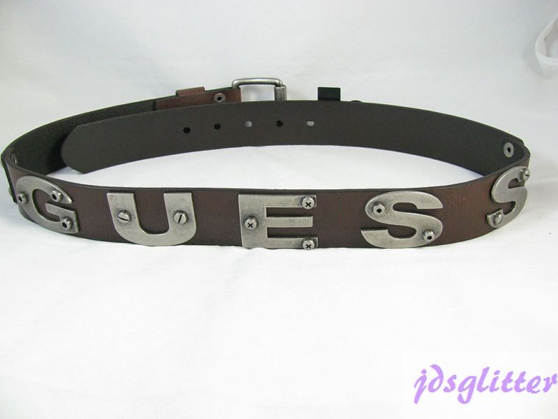 GUESS Brown/Silver Text Mens Logo Leather Belt NWT  