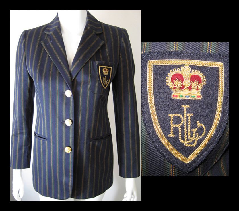   LAUREN NAVY STRIPED BLAZER Jacket Gold Crown CREST crested S 6P 6