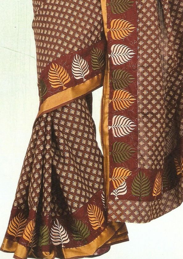 RICH EMBR BORDER PRINTED COTTON SAREE SARI with BLOUSE PIECE. DRAPE 