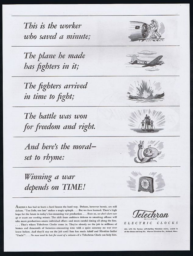 1942 Telechron Electric Clocks WWII Victory Depends Ad  