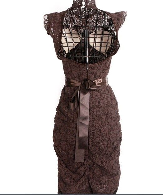 Brown lace sexy backless dress turtle neck party evening dress club 