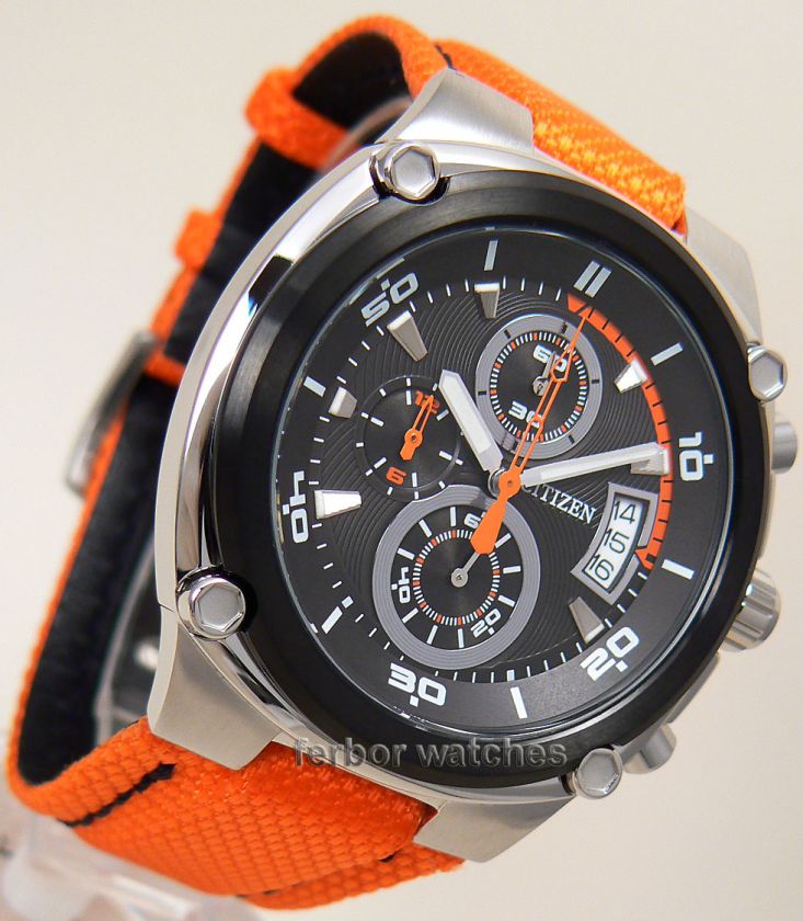 CITIZEN MEN CHRONOGRAPH BLACK FACE ORANGE NYLON LEATHER BAND 100m 